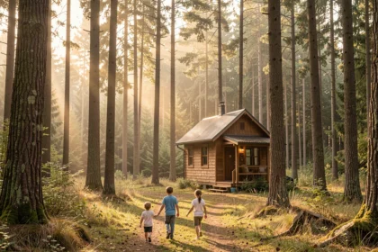 Famille marchant vers une cabane en bois dans la forêt