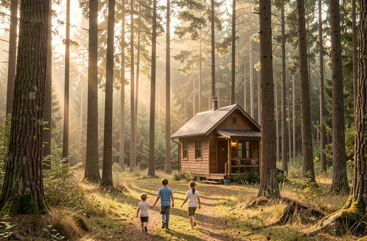 Famille marchant vers une cabane en bois dans la forêt