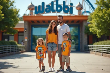 Famille souriante devant l'entrée du parc Walibi RhôneAlpes