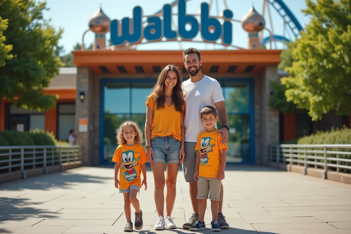 Famille souriante devant l'entrée du parc Walibi RhôneAlpes