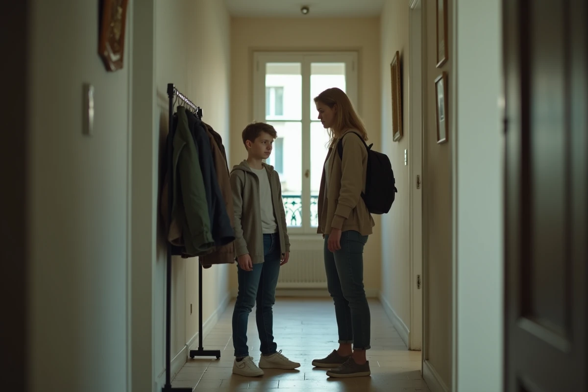 Femme et jeune adulte dans un couloir d'appartement parisien, posture distante et silencieuse, évoquant les non-dits familiaux et les zones d'ombre