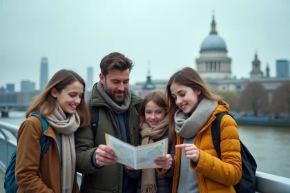 Famille en vacances scolaires sur le Millennium Bridge à Londres avec vue sur la cathédrale Saint-Paul