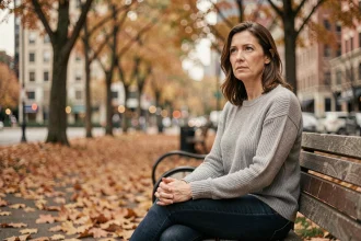 Femme adulte assise seule sur un banc de parc en automne, reflétant sur le rejet parental et la reconstruction identitaire