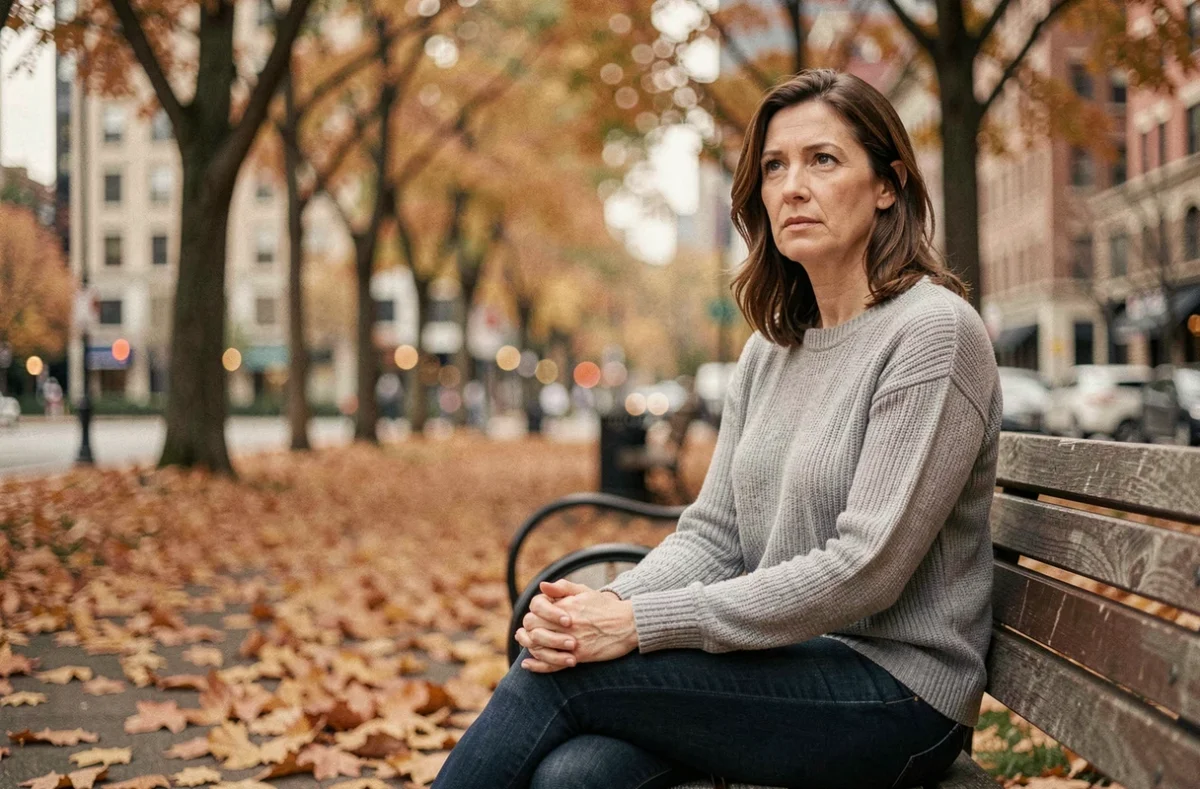 Femme adulte assise seule sur un banc de parc en automne, reflétant sur le rejet parental et la reconstruction identitaire