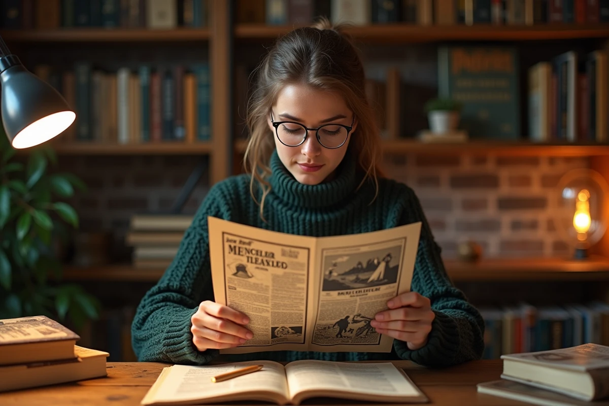 Jeune femme tenant une affiche Harry Potter imprimée de haute qualité dans un bureau chaleureux entouré de livres