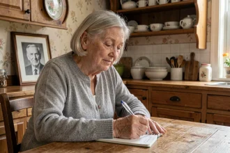 Une femme âgée écrit un message de condoléances pour son grand-père décédé à une table en bois avec une photo en noir et blanc en arrière-plan