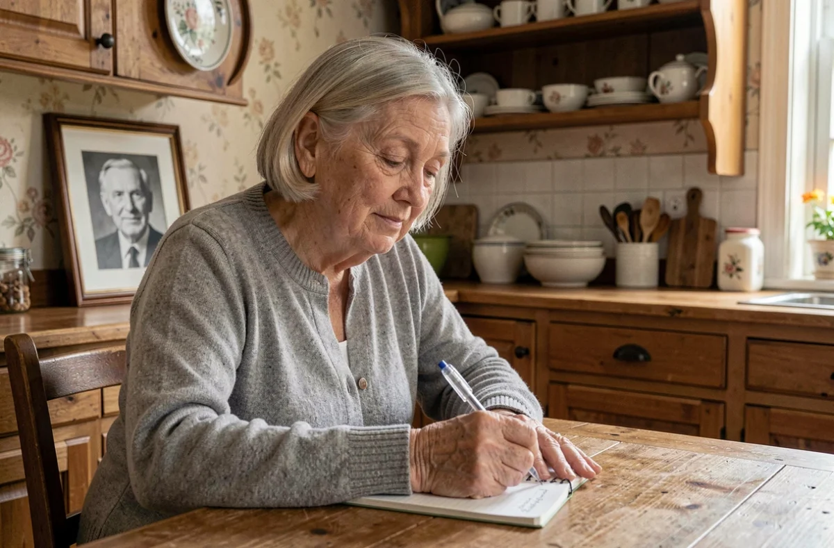 Une femme âgée écrit un message de condoléances pour son grand-père décédé à une table en bois avec une photo en noir et blanc en arrière-plan