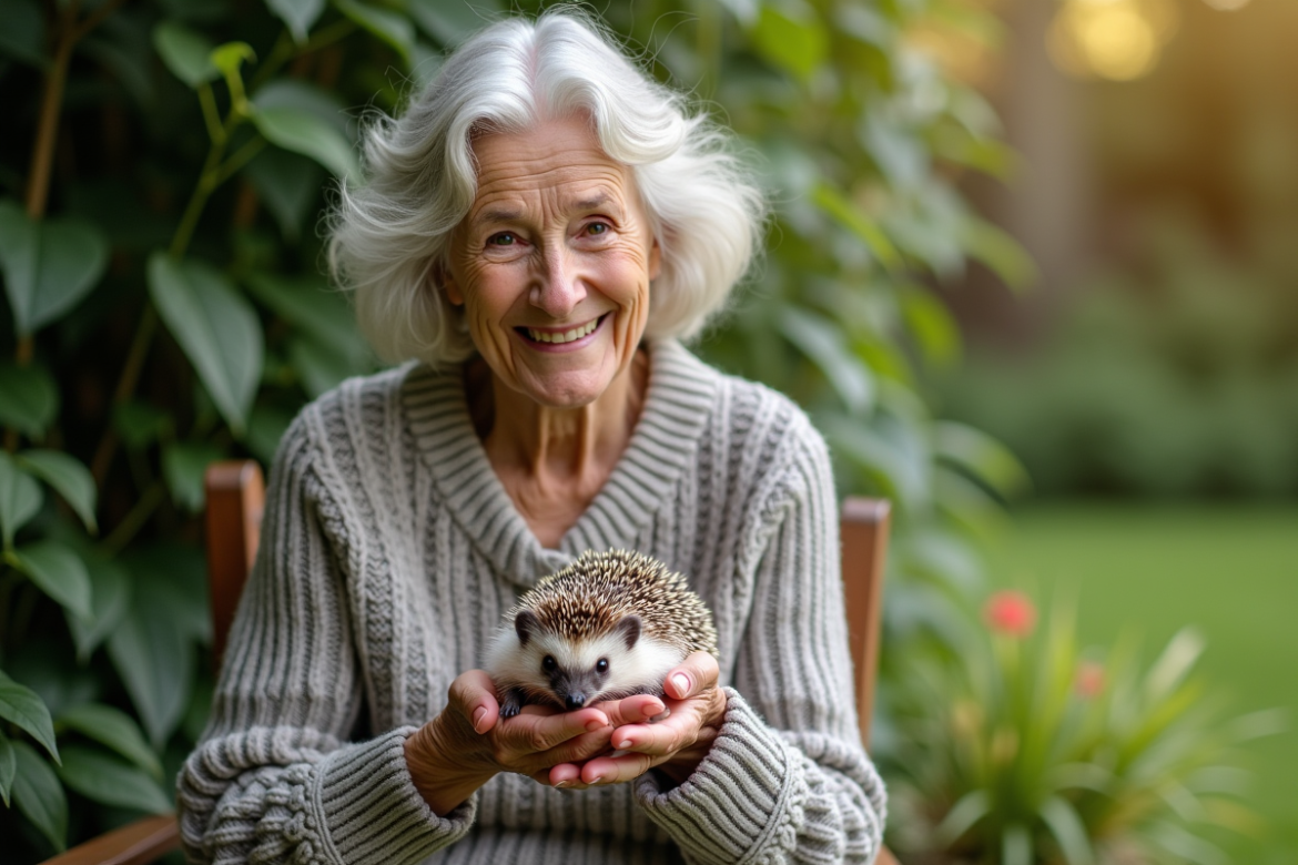 Femme âgée souriante tenant un hérisson dans un jardin