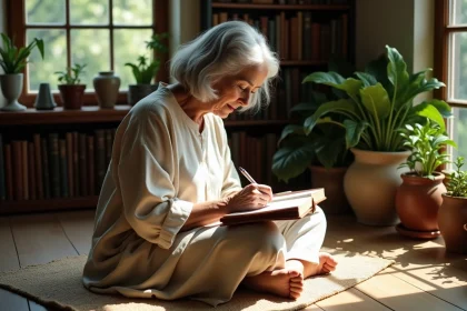 Femme âgée écrivant dans un journal en intérieur lumineux