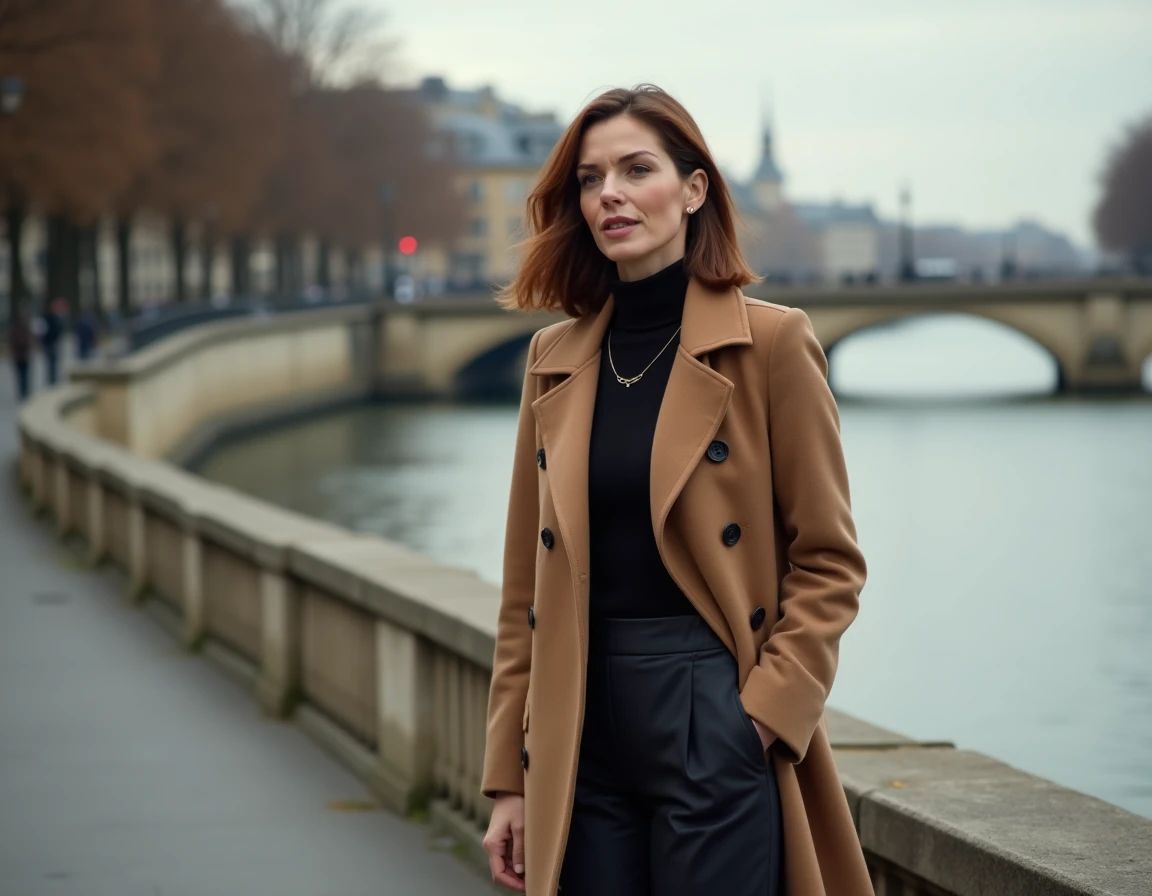 Femme marchant au bord de la Seine en automne, ambiance romantique à Paris, évoquant une vie sentimentale