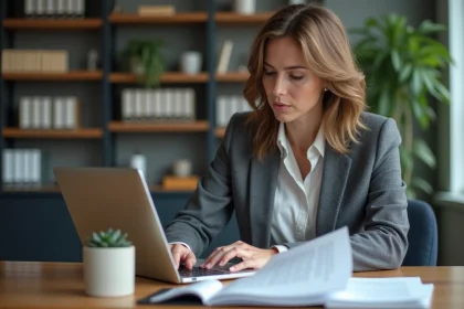 Femme d'âge moyen travaillant sur un ordinateur dans un bureau professionnel