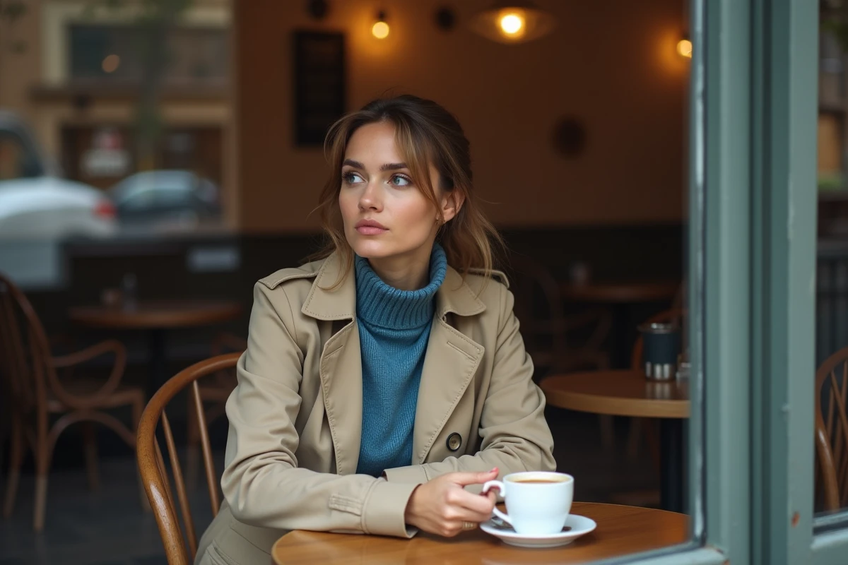Femme au café regardant par la fenêtre en trench beige