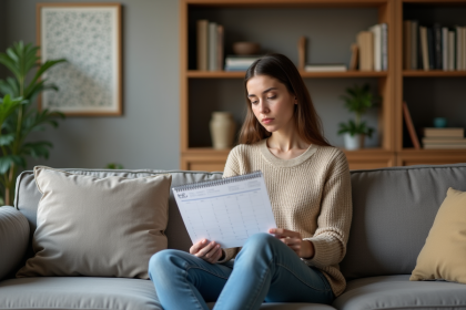 Jeune femme réfléchissant avec calendrier dans un salon cosy