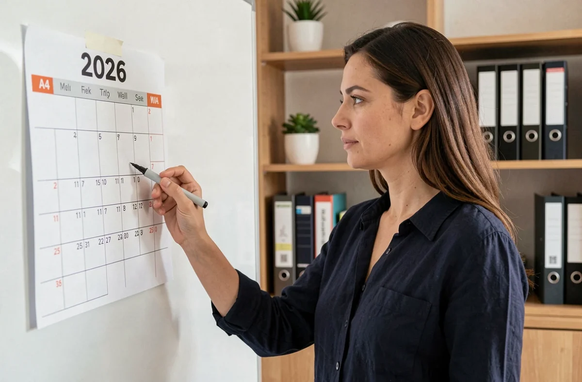 Femme pointant une semaine sur un calendrier pair impair 2026 format A4 affiché dans un bureau à domicile