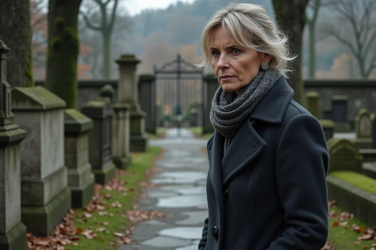 Femme dans un cimetière français contemplant une tombe