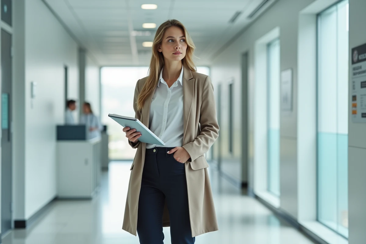 Jeune femme dans le couloir d'un établissement médical moderne, tenant un carnet et adoptant une posture réfléchie