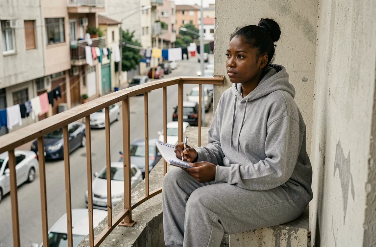 Jeune femme du couple haron tanzit seule sur un balcon urbain, réflexion loin des réseaux sociaux et des vidéos virales