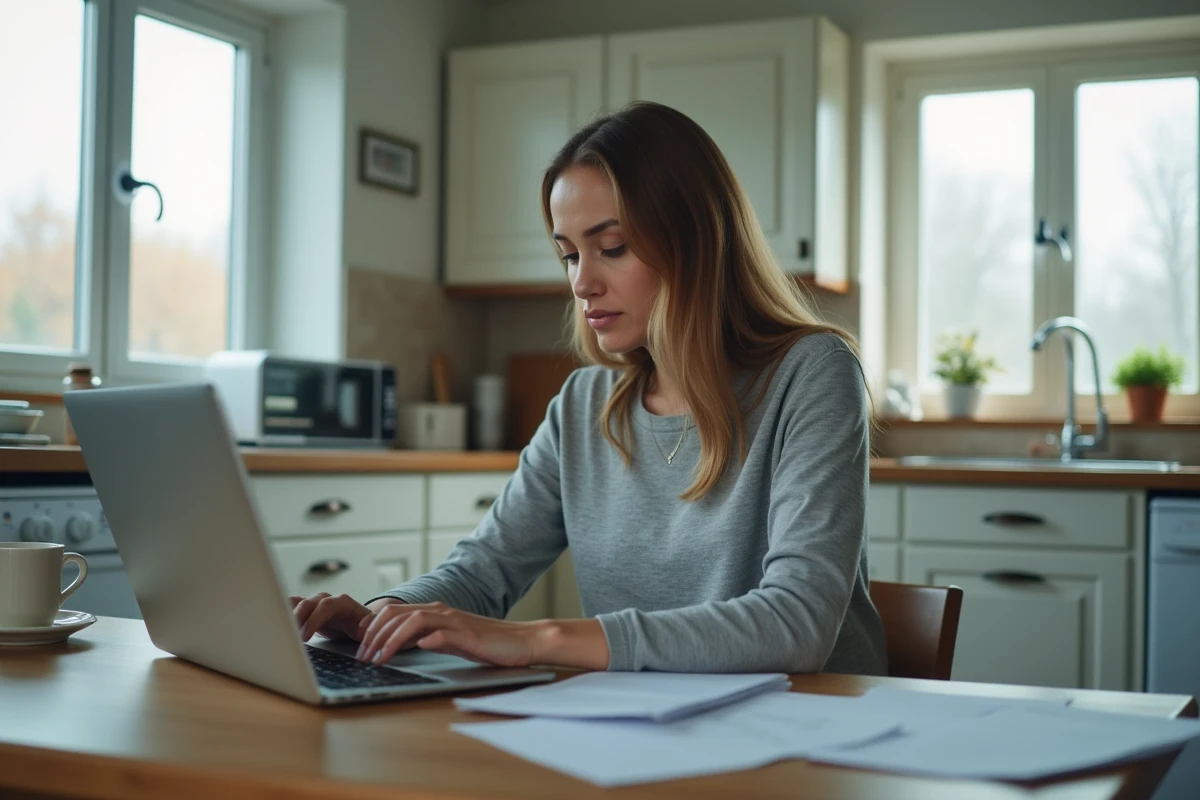 Femme seule devant un ordinateur portable consultant un site de divorce par internet dans une cuisine domestique
