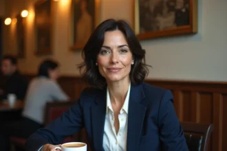 Femme élégante assise dans un bistrot parisien, regard pensif et sourire discret, illustrant une histoire sentimentale