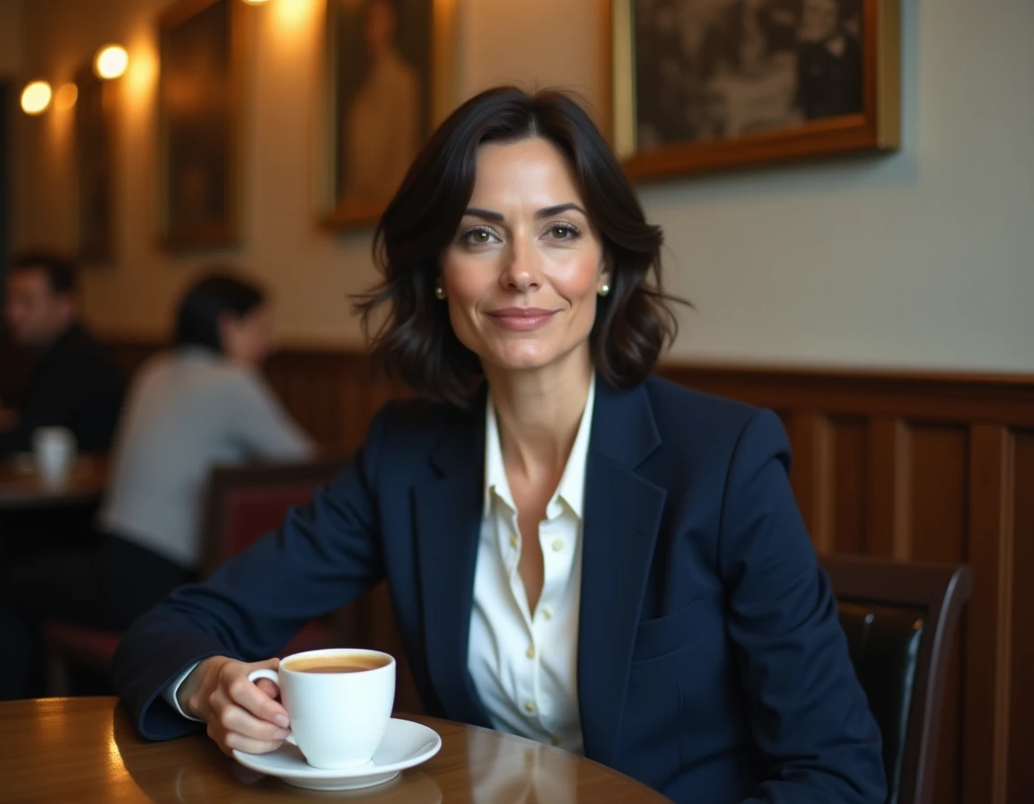 Femme élégante assise dans un bistrot parisien, regard pensif et sourire discret, illustrant une histoire sentimentale