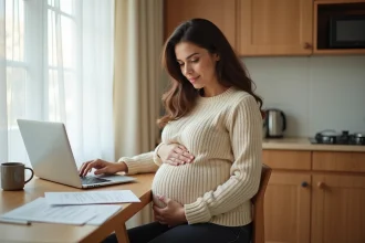 Femme enceinte consultant des documents administratifs sur son congé maternité à la maison