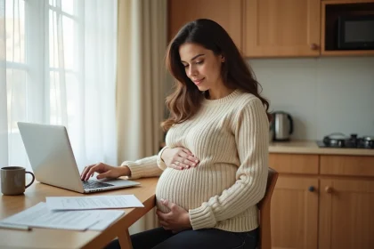Femme enceinte consultant des documents administratifs sur son congé maternité à la maison