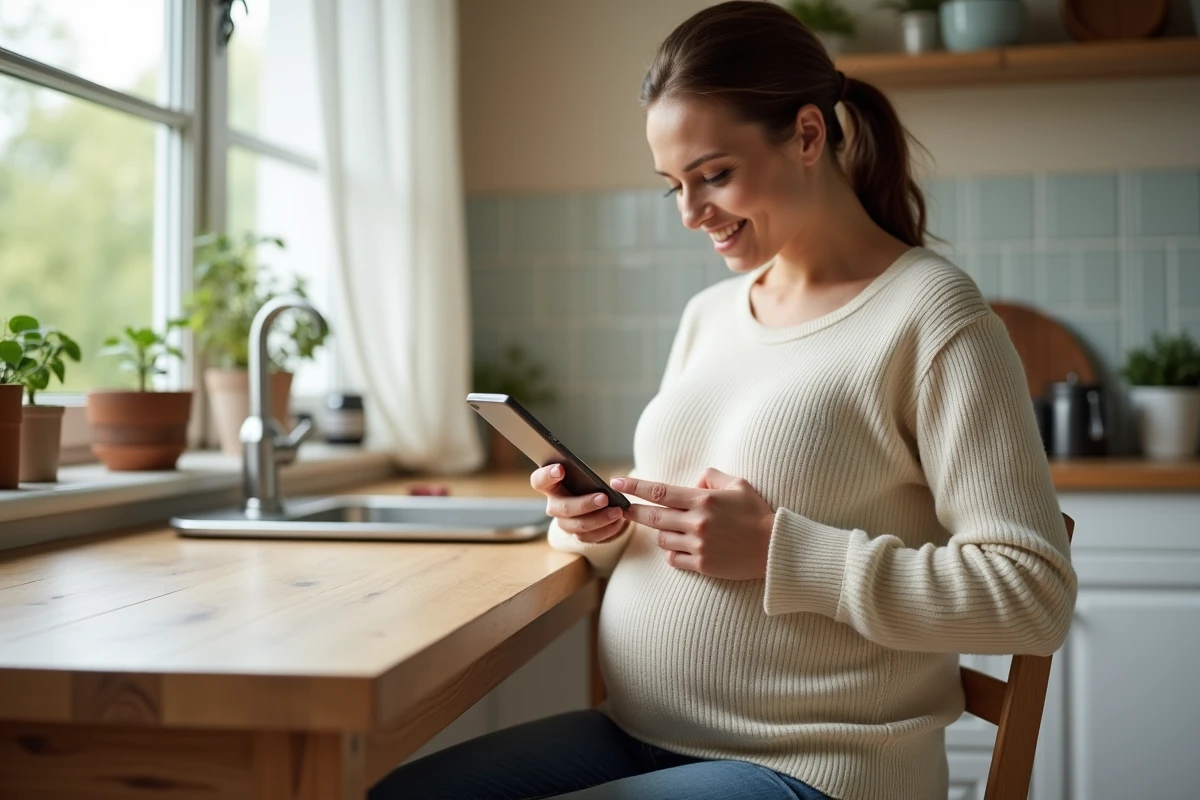 Femme enceinte souriante dans une cuisine lumineuse