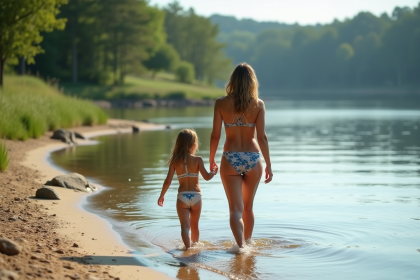 Femme et fille entrant dans un lac calme en maillots modestes