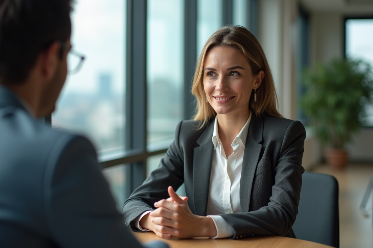 Femme professionnelle répondant à une interview dans un bureau moderne