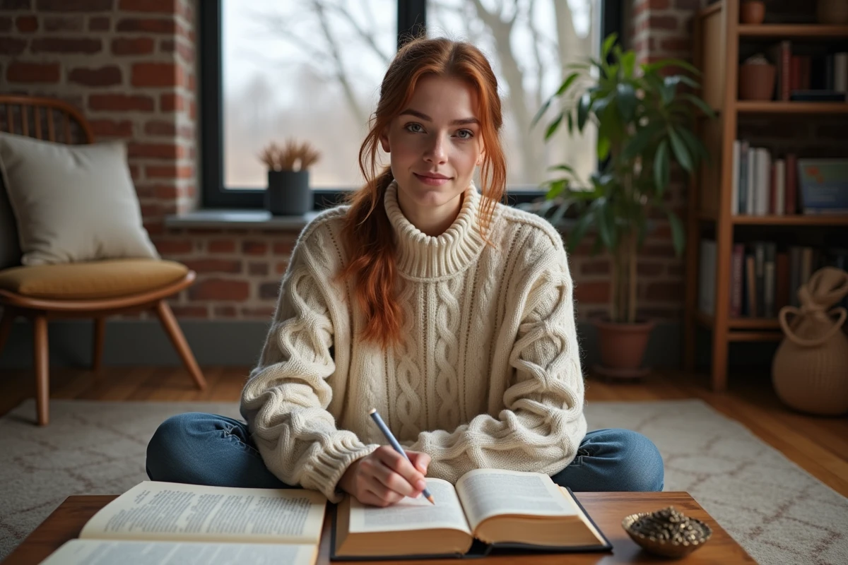 Jeune femme consultant des livres d'étymologie sur les origines celtiques du prénom Arthur dans un appartement cosy