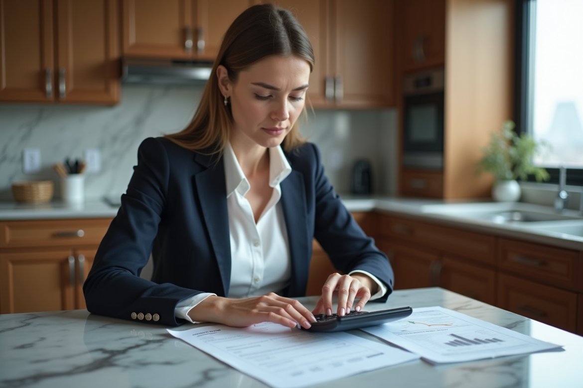 Femme d affaires étudie documents financiers à la maison