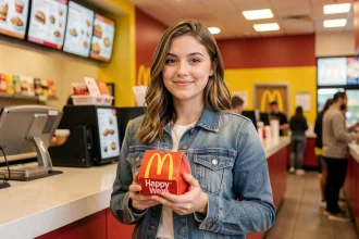 Jeune femme tenant un Happy Meal McDonald's au comptoir, illustrant les promotions et le prix du menu enfant