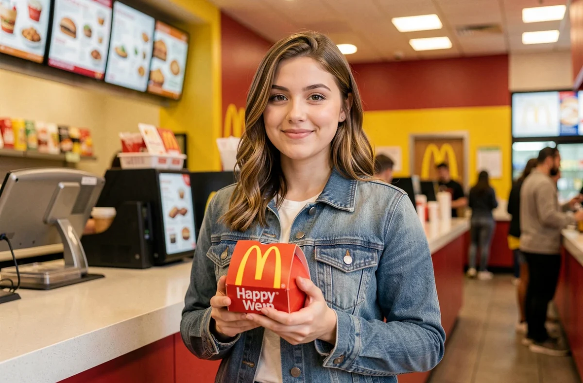 Jeune femme tenant un Happy Meal McDonald's au comptoir, illustrant les promotions et le prix du menu enfant