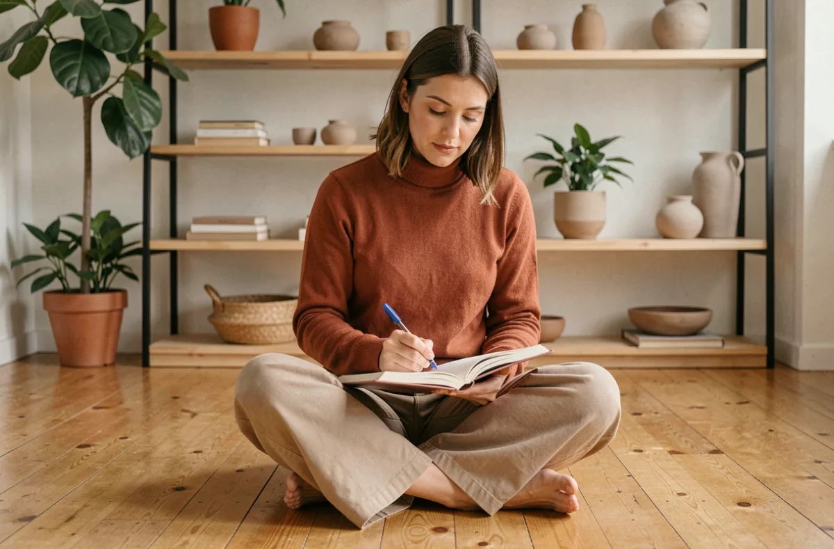 Femme écrivant dans un journal intime sur un sol en bois dans un espace chaleureux, illustrant le travail sur soi après un rejet parental à l'âge adulte