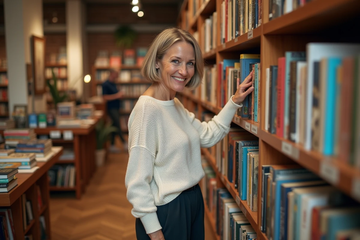 Femme parcourant des livres dans une librairie indépendante parisienne, atmosphère culturelle et intimiste