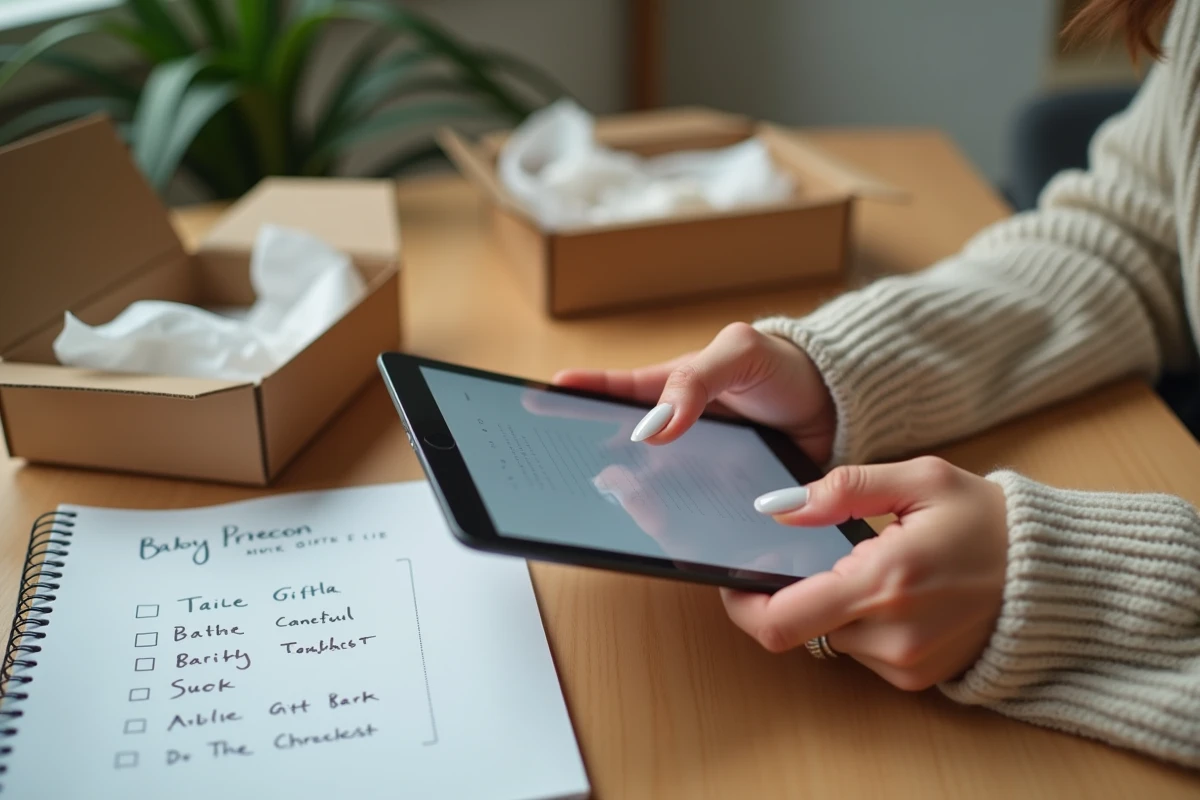 Femme organisant cadeaux bébé sur bureau avec tablette