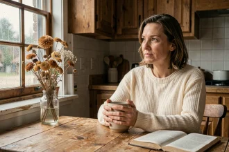 Femme pensive assise seule dans sa cuisine tenant une tasse, regard perdu vers la fenêtre sous la pluie, illustrant la réflexion sur l'amour après la passion
