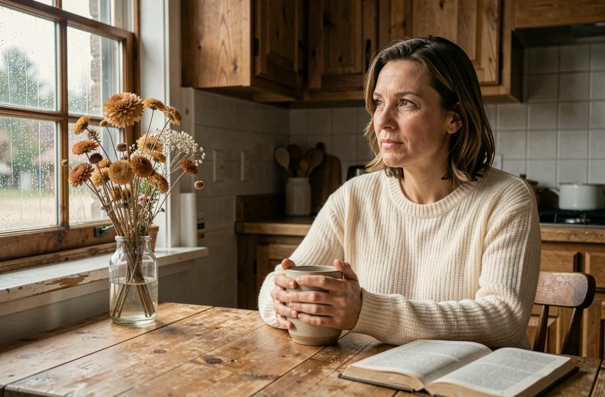 Femme pensive assise seule dans sa cuisine tenant une tasse, regard perdu vers la fenêtre sous la pluie, illustrant la réflexion sur l'amour après la passion