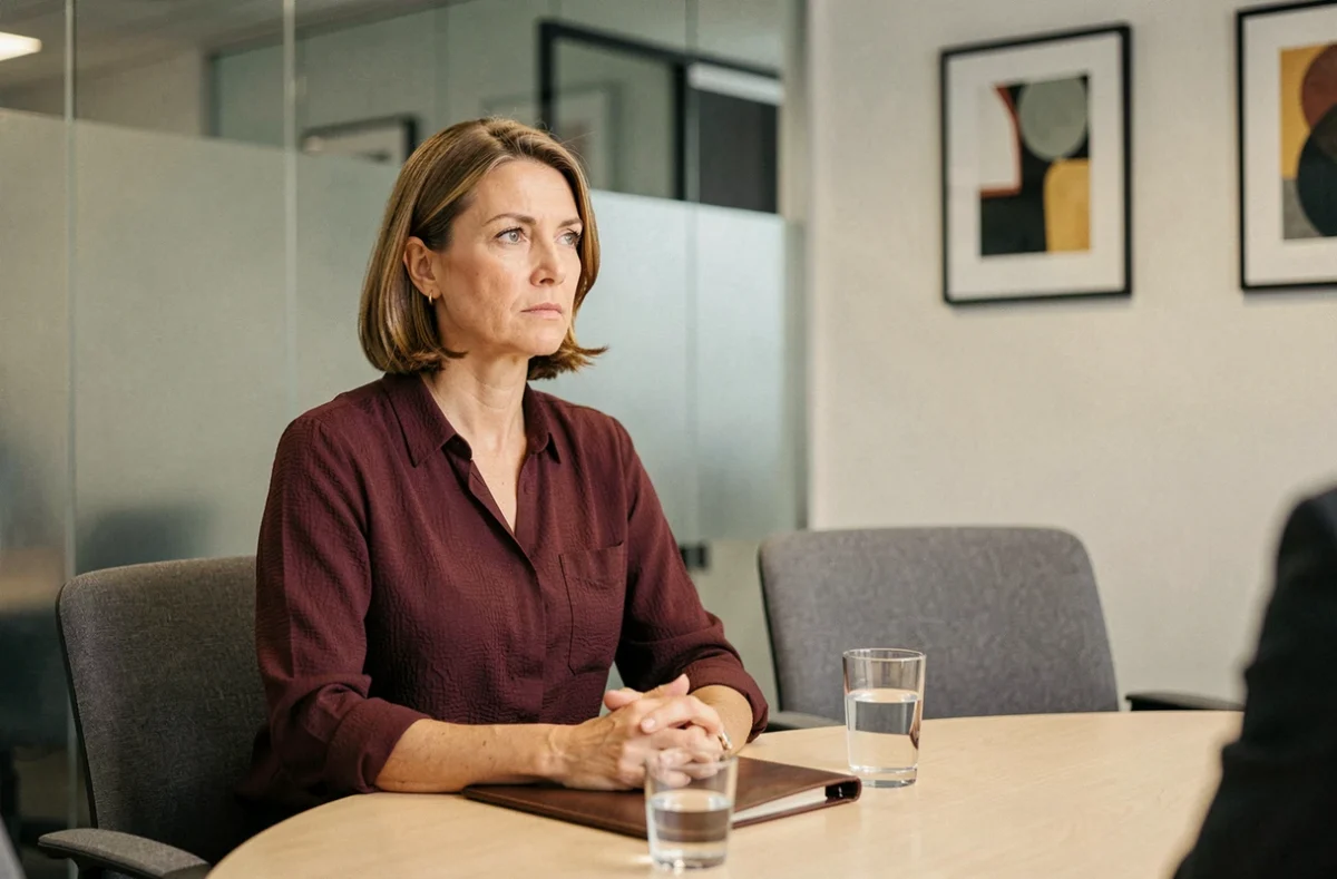 Femme professionnelle assise à une table de réunion dans un cadre institutionnel moderne lors d'un entretien formel