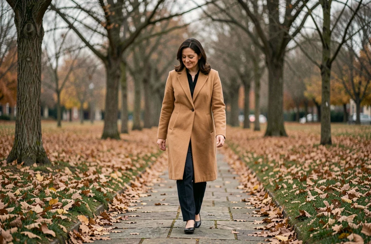 Femme élégante se promenant seule dans un parc en automne avec un manteau camel, symbolisant la sérénité et la maturité émotionnelle dans l'amour au-delà de la passion