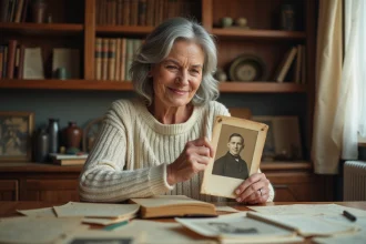 Femme consultant de vieilles photographies de famille et des registres généalogiques sur une table en bois pour retrouver ses ancêtres