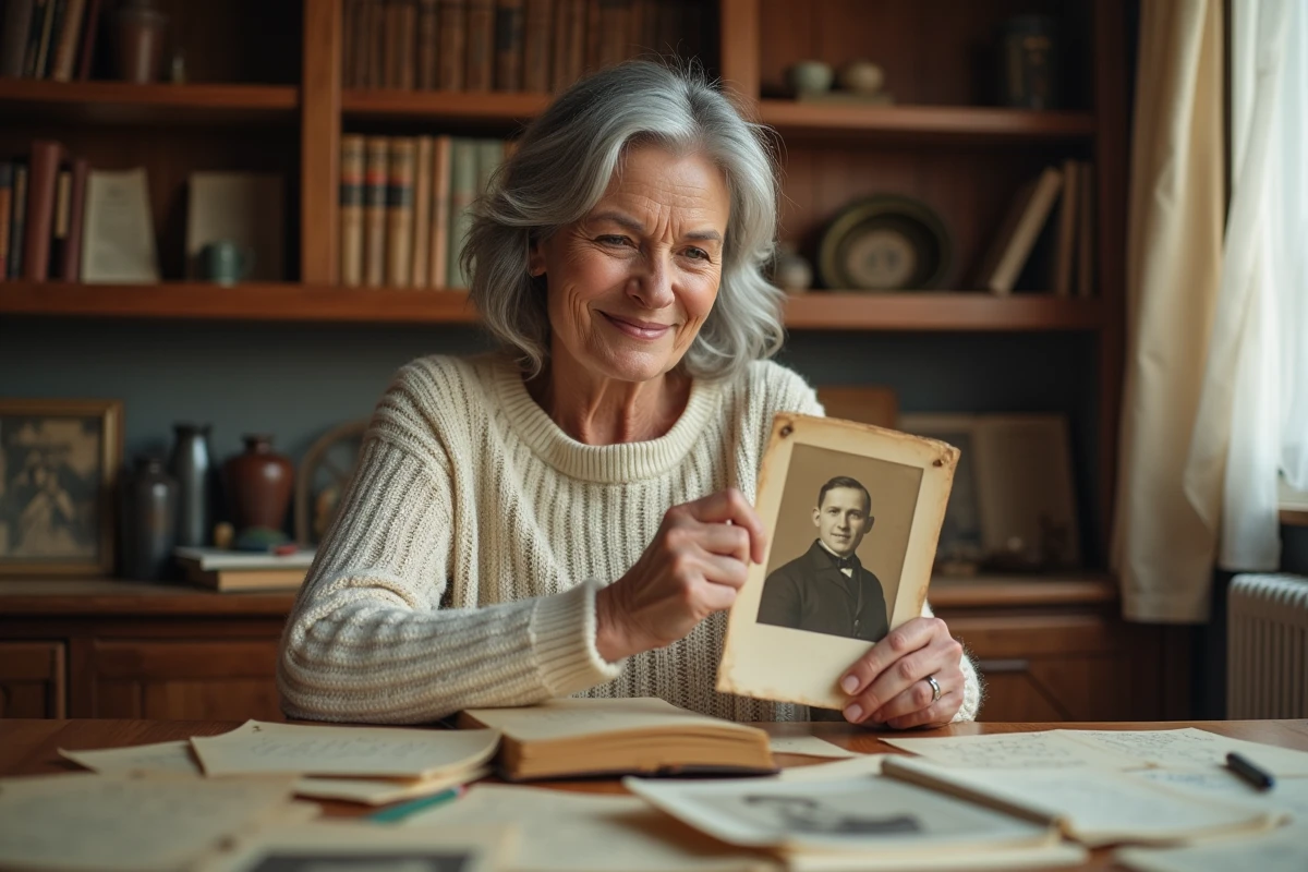 Femme consultant de vieilles photographies de famille et des registres généalogiques sur une table en bois pour retrouver ses ancêtres