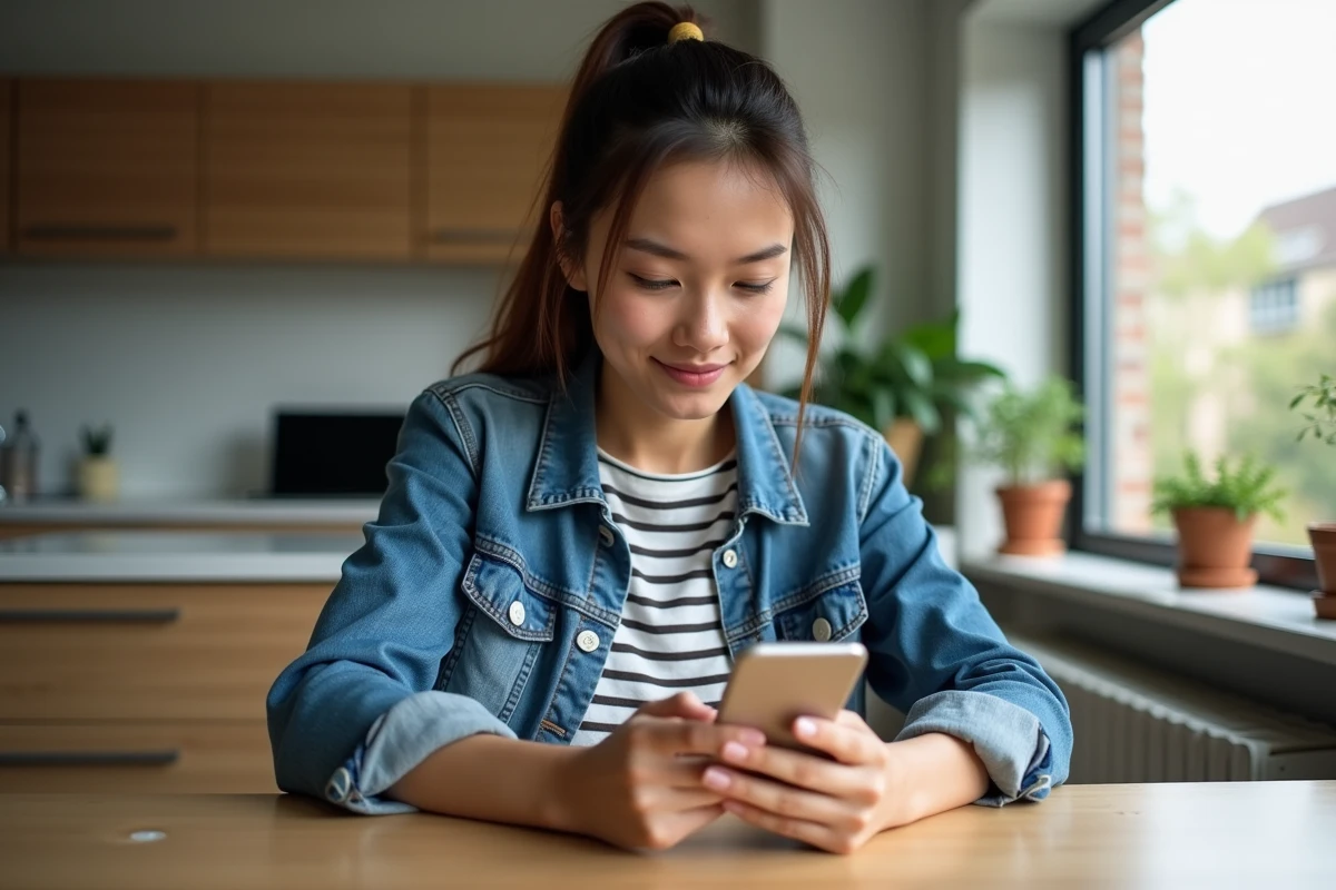 Femme en denim examine son smartphone dans un appartement moderne