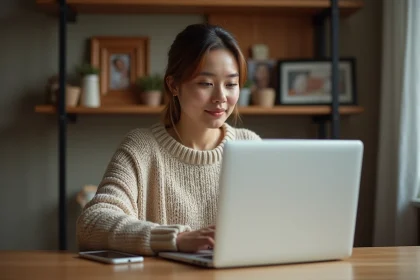 Femme concentrée travaillant sur son ordinateur dans un intérieur chaleureux