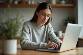 Femme vérifiant des offres Family Deals sur son ordinateur portable pour éviter les arnaques en ligne