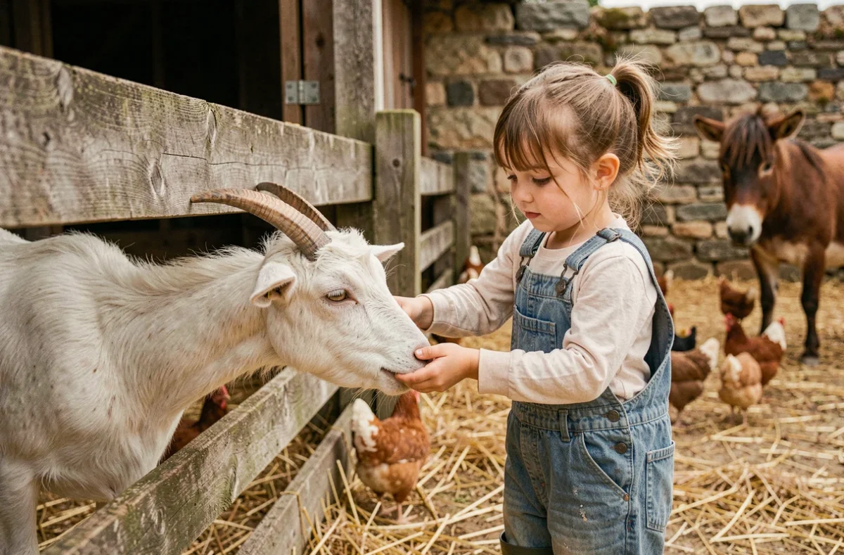 Petite fille nourrissant une chèvre à la ferme pédagogique du Larris à Ponchon dans l'Oise