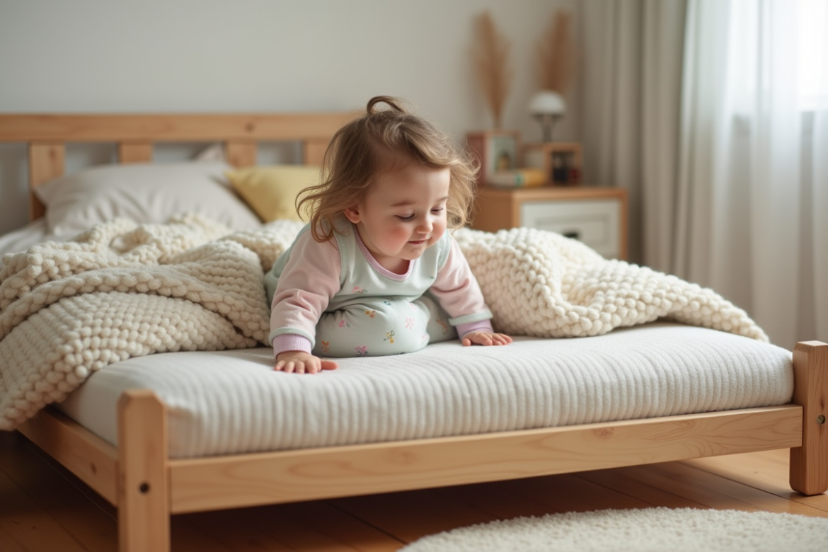 Petite fille de deux ans se réveillant paisiblement dans un lit Montessori
