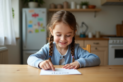 Jeune fille souriante pointant son nom écrit à la main