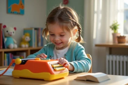 Jeune fille de 8 ans avec braids utilisant une machine à écrire colorée