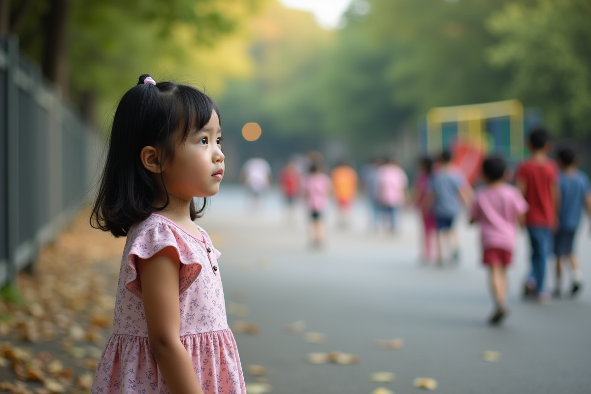 Jeune fille de 7 ans regardant la cour d